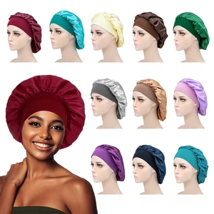 Solid Color Wide Elastic Band Satin Sleep Bonnet Hair Care Beauty Night Cap Soft Breathable For Women Long Hair