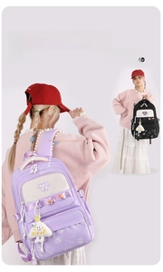 Close-up of wide S-shaped padded shoulder straps on a purple cartoon school backpack