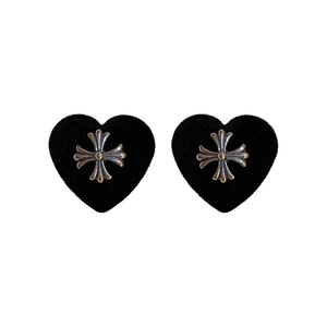 Gothic black velvet heart earrings with silver metal cross accents and silver pins