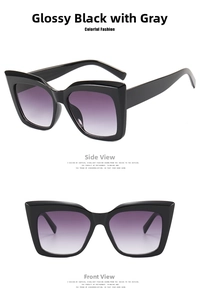 Close-up of cat-eye sunglasses with glossy black frames and gradient grey lenses