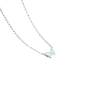 Elegant butterfly necklace with iridescent shell wings on a fine polished metal chain