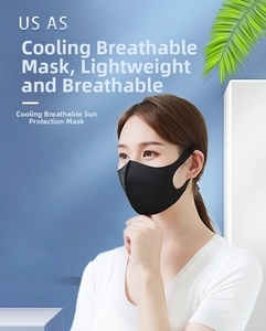 Close-up of a breathable black sun protection mask with an elastic ear-loop design