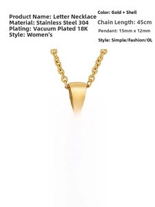 Detailed view of 18K gold plated square pendant with shell inlay and letter M engraving
