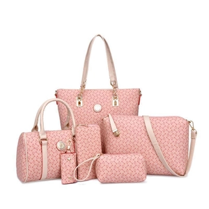 Pink 6-piece handbag set with tote, boston bag, and accessories in geometric leather