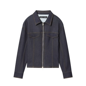 Women's slim fit dark blue denim jacket suit with zipper closure and chest pockets
