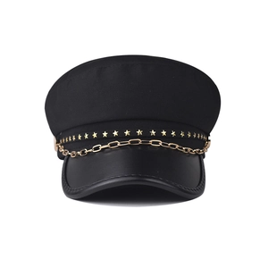Black PU leather baker boy hat with golden chain and star studs detail on front