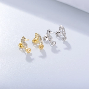 S925 Sterling Silver Seahorse Stud Earrings with Zirconia in gold and silver finish