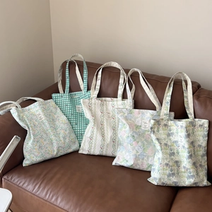 Floral Print Cotton Canvas Tote Bag Women Shoulder Handbag Fresh Plaid Flower Elephant Pattern Large Capacity Shopping Bag