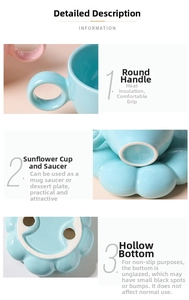 Macro details of round handle and flower petal saucer on macaron ceramic coffee cup
