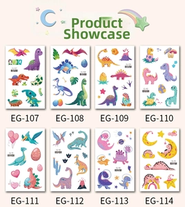 Detailed set of 8 glitter cartoon dinosaur temporary tattoos with colorful motifs for kids
