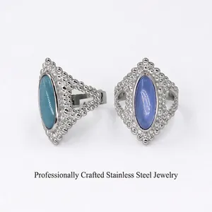 Vintage Stainless Steel Oval Natural Stone Open Ring For Women Bohemian Adjustable Finger Ring Retro Beaded Jewelry Accessory