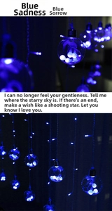 Detail of blue LED wishing ball fairy lights with round transparent globes for curtains