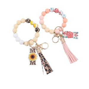 Silicone beaded wristlet keychain with leather tassel and MOM charm in leopard and floral