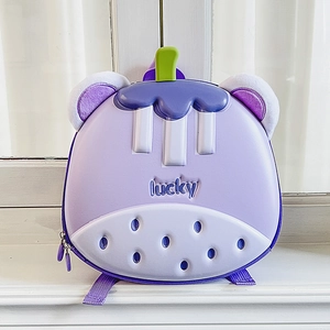 Cute purple eggplant shaped kids school bag with bear ears and lucky engraving