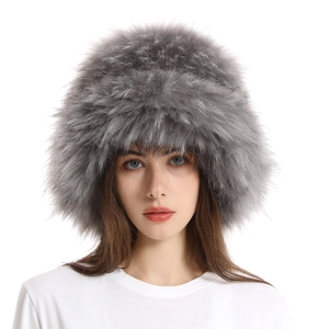Cappello bucket da donna in ecopelliccia grigia a tesa larga per l'inverno