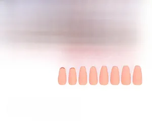 Detail view of 24 pieces matte nude pink press-on nails in various sizes on white background