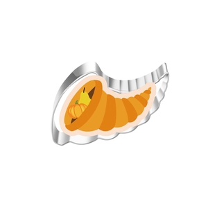 Detailed view of cornucopia-shaped stainless steel cookie cutter for Thanksgiving baking