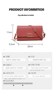 Red crossbody phone bag detail showing dimensions 20x11x5.5cm and multi-slot interior