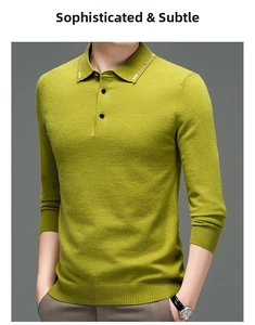Detail des olivgrünen Strick-Poloshirts mit Streifenkragen und Rippbündchen
