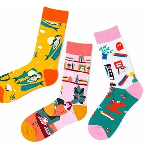 Three-pack of creative cotton crew socks featuring mermaid and pixel monster illustrations