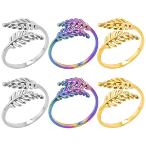 Vintage Minimalist Stainless Steel Leaf Open Ring For Women Adjustable Feather Wrap Finger Ring Gold Silver Rainbow Jewelry Gift