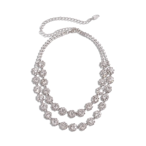 Elegant silver double-layer necklace with sparkling round crystal flower pendant charms