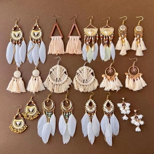 Bohemian Feather Tassel Shell Beads Earrings With 925 Sterling Silver Earring Post Vintage Ethnic Vacation Style For Women
