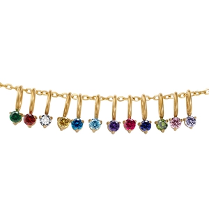 Detailed view of 12 colorful round birthstone pendants on a gold chain for DIY jewelry.