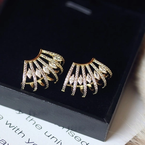 Elegant gold curved stud earrings with sparkling marquise zircons and multi-layer rows