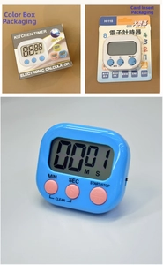 Detail of blue and white digital timers with color box and blister card packaging options