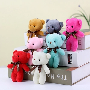 Detailed set of colorful mini teddy bears with Love silk ribbons and metal keychains
