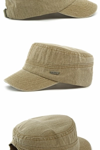 Detail view of the khaki cotton cadet cap with metal logo plate and adjustable back strap