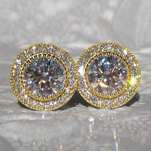 Elegant gold halo stud earrings with brilliant round cubic zirconia and pavé border
