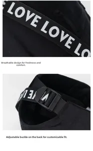 Detail of black baseball cap showing LOVE print ribbon, breathable holes and adjustable strap