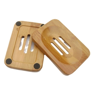 Bamboo soap dish set with drainage slots and anti-slip pads in natural wood finish