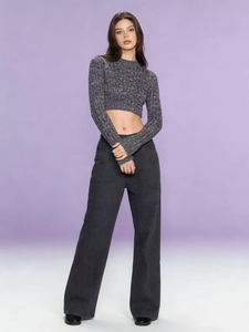 Women's high waist wide leg denim pants paired with a grey knit long sleeve crop top