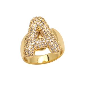 Gold plated open ring with crystal pave letter A charm on a white background