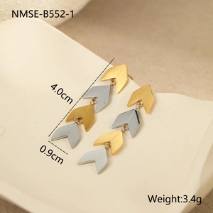 Macro shot of V-shaped two-tone stainless steel earrings showing dimensions 4.0cm x 0.9cm