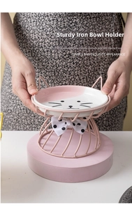 Pink ceramic elevated cat bowl with cat ear iron stand and polka dot bow decoration