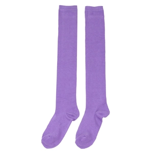 Detailed knit texture of purple over-the-knee stockings with a flat top design