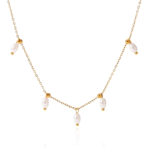French vintage freshwater pearl necklace in stainless steel with elegant gold pendants