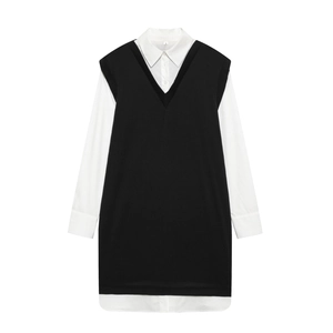Abito Mini Look A Strati Patchwork Da Donna Camicia A Maniche Lunghe Con Revers Gilet In Maglia Chic