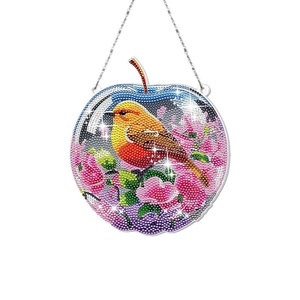 Sparkling apple shaped diamond painting hanging decor with bird and floral design