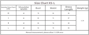 Tableau des tailles pour robe mini du XS au L avec mesures épaules, buste et taille