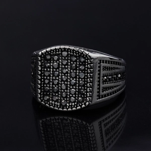 Men Vintage Signet Ring Stainless Steel With Black Zircon Pave Retro Hip Hop Punk Style Jewelry