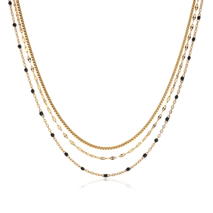 Three-layer gold stainless steel necklace with box chain and black bead accents