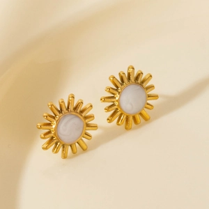 304 stainless steel gold sun stud earrings with white shell center for women