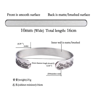 Polished 304 stainless steel open cuff bracelet featuring engraved wave textures for women
