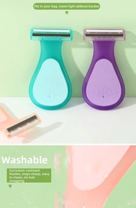 Detail showing portable waterproof hair razors with non-slip grips in three pastel colors
