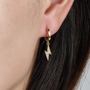 Elegant 925 sterling silver gold lightning bolt earrings with pavé zircon for women